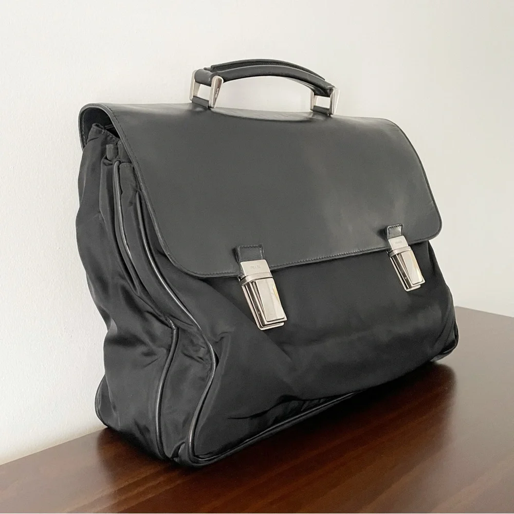 Prada black nylon and leather silver pushlock vintage iconic slouchy briefcase